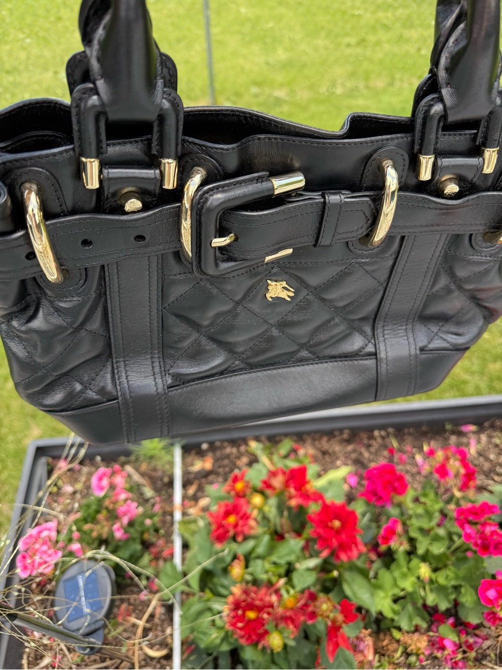 Burberry prosrum authentic Black Quilted Leather Tote Handbag with Gold accents